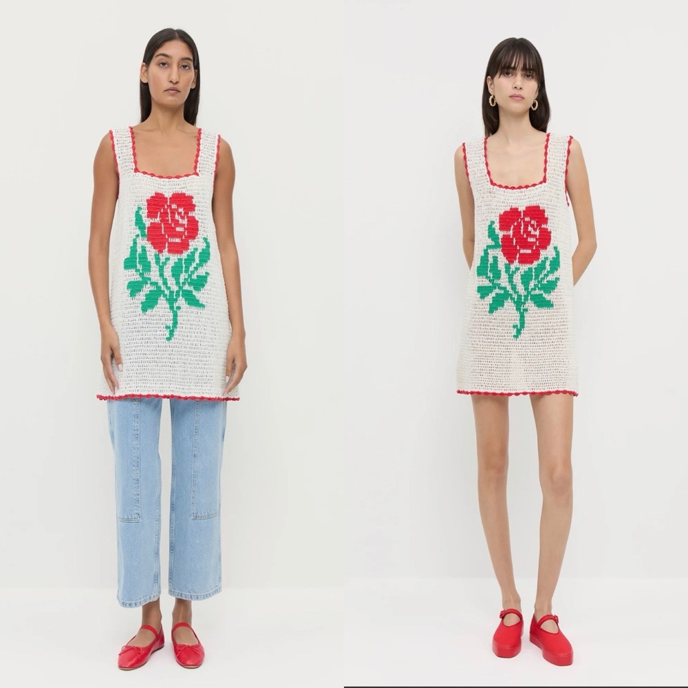 Crochet Rose Tank Dress in Cream with Red & Green Floral Motif